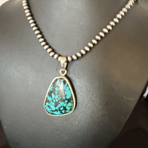 Men's Navajo Blue Spiderweb Turquoise Pendant Necklace | Sterling Silver | Authentic Native American Handmade | 16218
