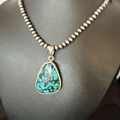 Men's Navajo Blue Spiderweb Turquoise Pendant Necklace | Sterling Silver | Authentic Native American Handmade | 16218