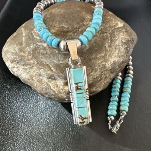 Men's and Women's Turquoise #8 Inlay Pendant Necklace | Navajo Sterling Silver | Authentic Native American Handmade | 17058