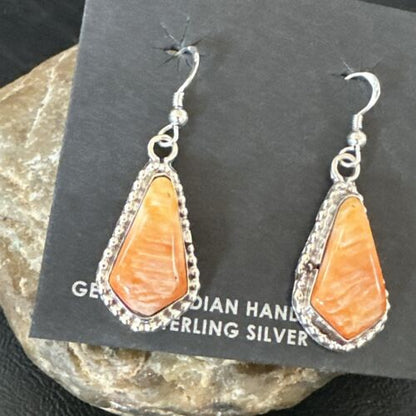 Navajo Orange Spiny Oyster Dangle Earrings | Sterling Silver | Authentic Native American Handmade | 17264