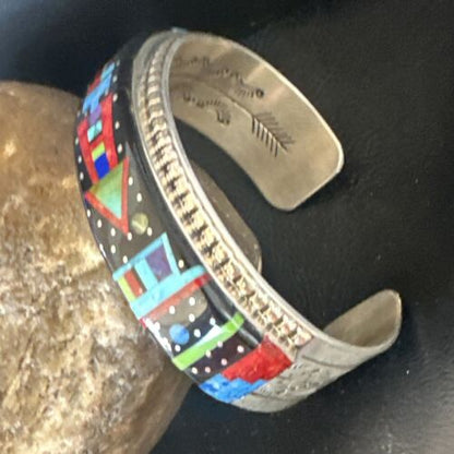 Men's Navajo Black Onyx Coral Turquoise Sterling Silver Cuff Bracelet Inlay | 16122