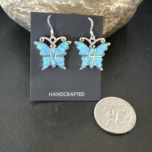 Butterfly Blue Opal Inlay Dangle Earrings | Sterling Silver | Authentic Native American Handmade | 16526