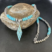 Navajo Blue Turquoise Inlay Pendant | Sterling Silver Necklace | Authentic Native American Handmade | 15421
