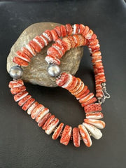 Navajo Red Spiny Oyster Graduated Necklace | Sterling Silver | Authentic Native American | 30" | 17405