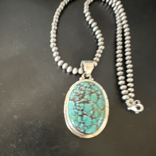 Men's Navajo Blue Spiderweb Turquoise Pendant Necklace | Sterling Silver | Authentic Native American Handmade | 16213