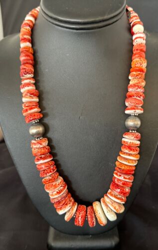 Navajo Red Spiny Oyster Graduated Necklace | Sterling Silver | Authentic Native American | 30" | 17405