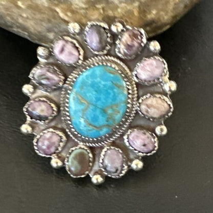 Navajo Cluster Blue Kingman Turquoise Charoite Ring | Authentic Native American Sterling Silver | Multi-Stone | Sz 9.5 | 17178