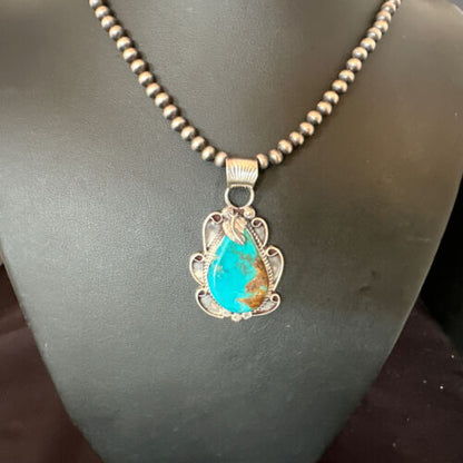 Men's Blue Kingman Turquoise Pendant Necklace | Navajo Pearls | Sterling Silver | 16022