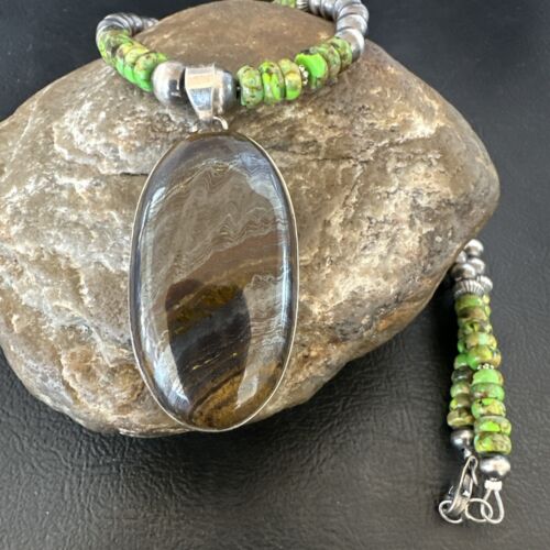 Navajo Green Turquoise Jasper Pendant | Sterling Silver Necklace | Authentic Native American Handmade | 16922
