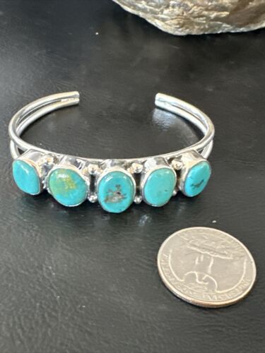 Women's Blue Turquoise 5-Stone Cuff Bracelet | Navajo Sterling Silver | Authentic Native American Jewelry | 16278