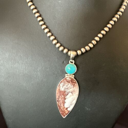 Navajo Wild Horse Blue Kingman Turquoise Necklace | Sterling Silver | Authentic Native American Handmade | 17314