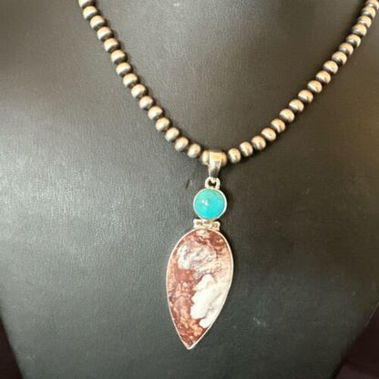 Navajo Wild Horse Blue Kingman Turquoise Necklace | Sterling Silver | Authentic Native American Handmade | 17314