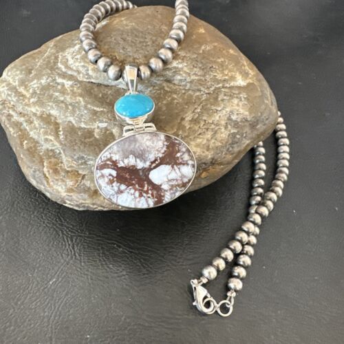 Navajo Wild Horse | Blue Kingman Turquoise Necklace | Sterling Silver | Authentic Native American Handmade | 17338