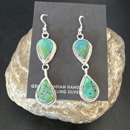 Navajo Green Royston Turquoise Dangle Earrings | Sterling Silver | Authentic Native American Handmade | 16494