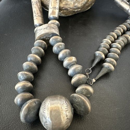 Navajo Stamped Bench Bead Necklace | Sterling Silver | 30" | Authentic Native American Handmade | 16727