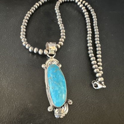 Navajo Kingman Turquoise Pendant Necklace | Sterling Silver Pearls | Authentic Native American Handmade | 15212 - Masha USA