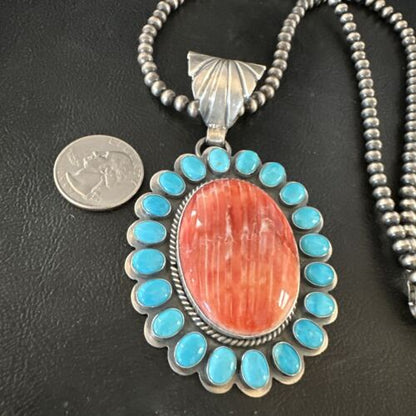 Navajo Kingman Turquoise & Red Spiny Oyster Pendant | Sterling Silver | Authentic Native American Handmade | 15449