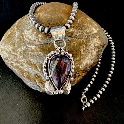 Navajo Pearls Purple Sugilite Pendant Necklace | Sterling Silver Beads | Authentic Native American Handmade | 16462