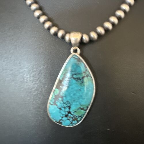 Men's Navajo Blue Spiderweb Turquoise Pendant Necklace | Sterling Silver | Authentic Native American Handmade | 16219