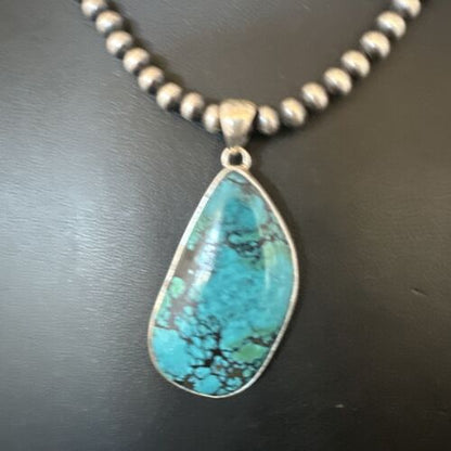 Men's Navajo Blue Spiderweb Turquoise Pendant Necklace | Sterling Silver | Authentic Native American Handmade | 16219