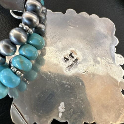 Navajo Turquoise Coral Spiny Heart Pendant | Sterling Silver 3-Strand Necklace | Authentic Native American Handmade | 16303