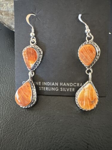 Navajo Orange Spiny Oyster Dangle Earrings | Sterling Silver | 1.5" | Authentic Native American Handmade | 16573