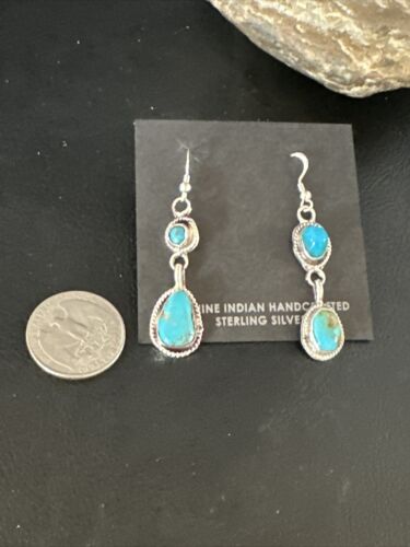 Kingman Turquoise Dangle Earrings | Navajo Handmade | Sterling Silver | Authentic Native American | 14867