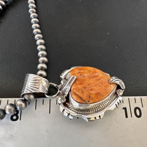 Navajo Orange Spiny Oyster Heart Pendant Necklace | Sterling Silver | Authentic Native American Handmade | 16296
