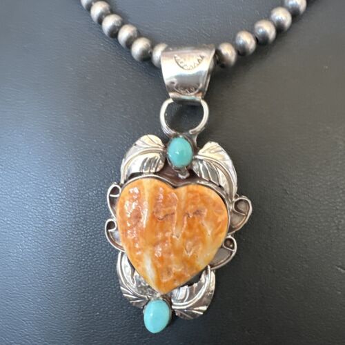 Navajo Spiny Oyster Heart Turquoise Pendant Necklace | Sterling Silver | Authentic Native American Handmade | 16456