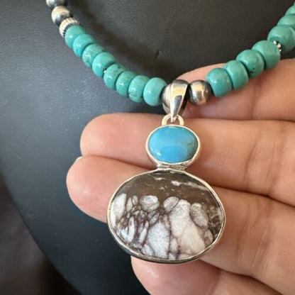 Navajo Wild Horse | Blue Kingman Turquoise Pendant Necklace | Sterling Silver | 17579