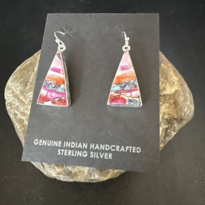 Navajo Blue Turquoise & Purple Spiny Oyster Inlay Dangle Earrings | Sterling Silver | 15564