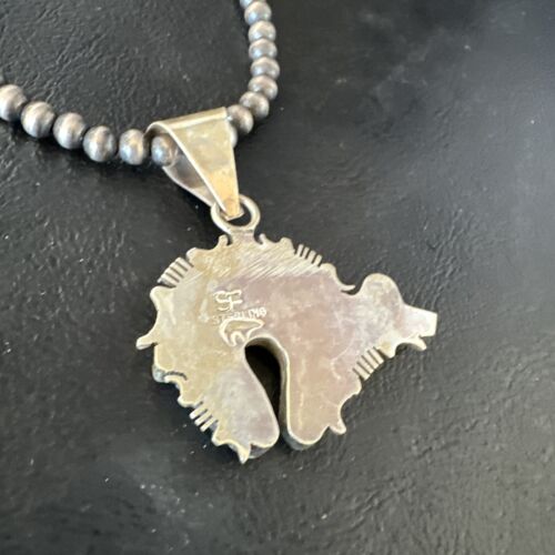 Navajo White Buffalo Turquoise Bear Inlay Pendant Necklace | Sterling Silver | Native American Handmade | 15248