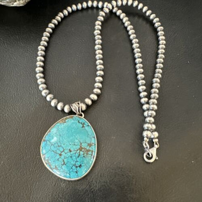 Men's Navajo Blue Spiderweb Turquoise Pendant Necklace | Sterling Silver | Authentic Native American Handmade | 16228