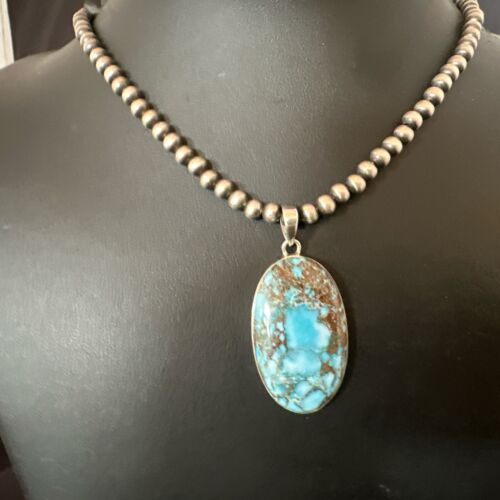 Navajo Blue Spiderweb Turquoise Pendant Necklace | Sterling Silver | Authentic Native American Handmade | 17016