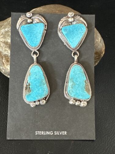 Kingman Turquoise Dangle Earrings | Navajo Handmade | Sterling Silver | Authentic Native American | 14877
