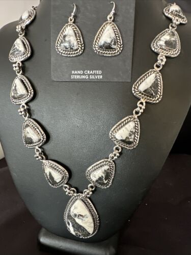 Navajo White Buffalo Turquoise Lariat Necklace | Sterling Silver Earrings | Authentic Native American Handmade | 16267