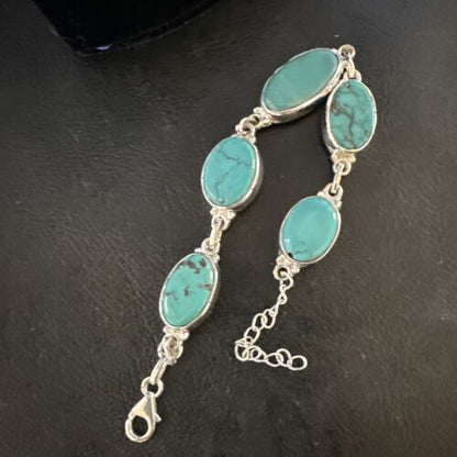 Navajo Blue Turquoise Link Bracelet | Sterling Silver | 8" | Authentic Native American Handmade | 15471