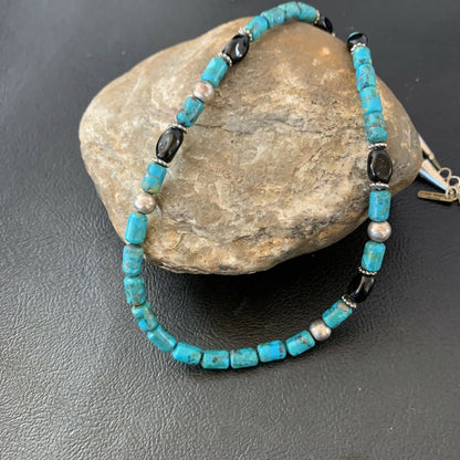 Authentic Tommy Singer Beads Necklace | Turquoise & Onyx | Sterling Silver | Gold | Native American Handmade | 17" | 10390