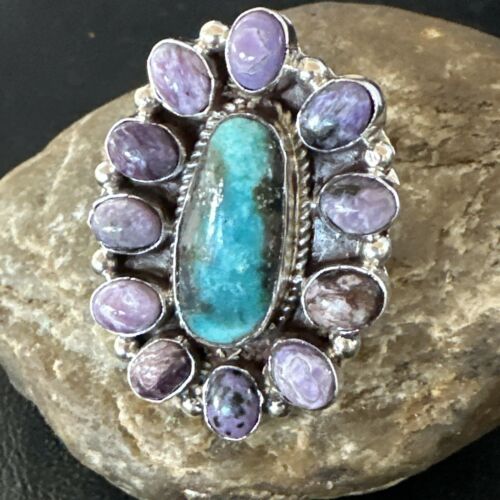 Navajo Kingman Turquoise Charoite Ring | Authentic Native American Sterling Silver | Multi-Stone | Sz 10 | 17181