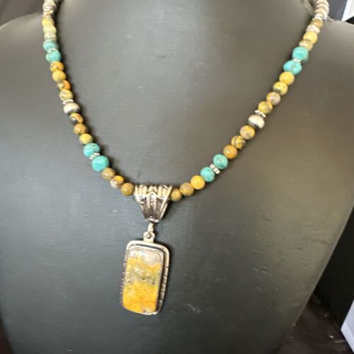 Men's BumbleBee Jasper Pendant Necklace | Navajo Pearls | Sterling Silver | Authentic Native American Handmade | 16880 - Masha USA