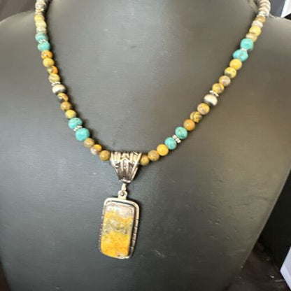 Men's BumbleBee Jasper Pendant Necklace | Navajo Pearls | Sterling Silver | Authentic Native American Handmade | 16880 - Masha USA