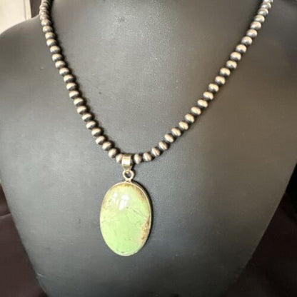 Navajo Green Gaspeite Pendant Necklace | Sterling Silver | Authentic Native American Handmade | 15490