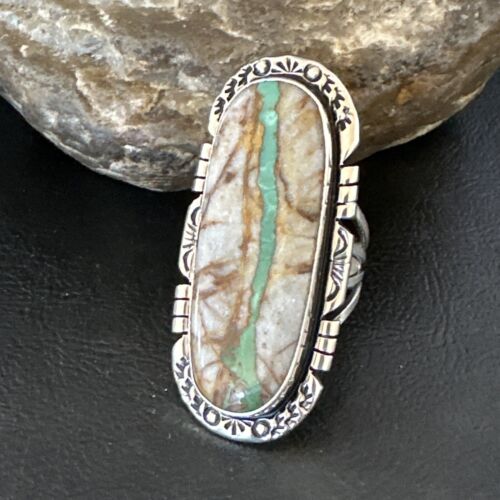 Navajo Ribbon Boulder Green Turquoise Ring | Sterling Silver | Sz 10 | Authentic Native American Handmade | 16253