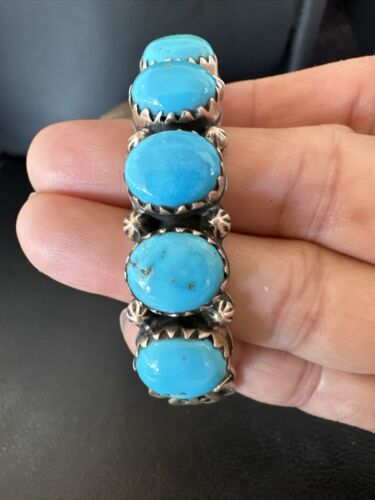 Navajo Blue Kingman Turquoise Cuff Bracelet | Sterling Silver | 5 Stone Design | Women's Jewelry | Authentic Native American Handmade