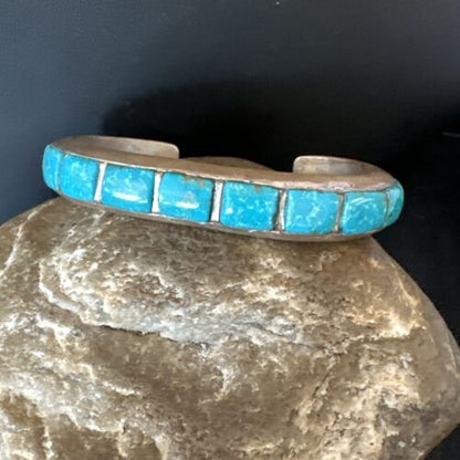 Old Pawn Men's Blue Kingman Turquoise Cuff Bracelet | Zuni Sterling Silver | 15955