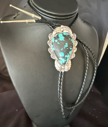 Men's Blue Spiderweb Turquoise Bolo Tie | Navajo Sterling Silver | Authentic Native American Handmade | 15008