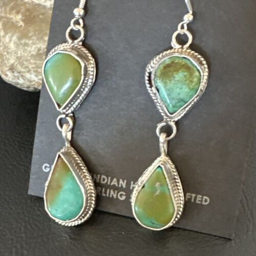 Navajo Green Royston Turquoise Dangle Earrings | Sterling Silver | Authentic Native American Handmade | 16491