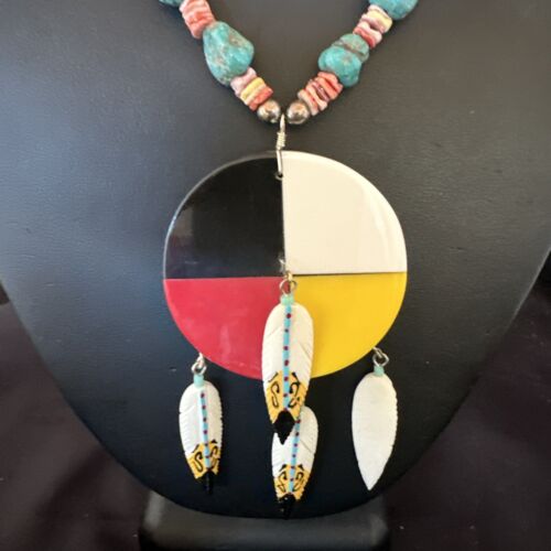 Santo Domingo Multicolor Spiny Inlay Feather Pendant Necklace | Sterling Silver | 24" | 16856