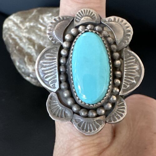 Navajo Blue Kingman Turquoise Ring | Sterling Silver | Sz 7.5 | Authentic Native American Handmade | 15891 - Masha USA