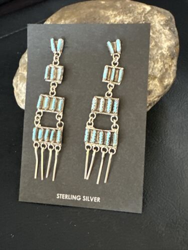 Zuni Kingman Turquoise Needle Point Dangle Earrings | Sterling Silver | 4 Tier | 14872